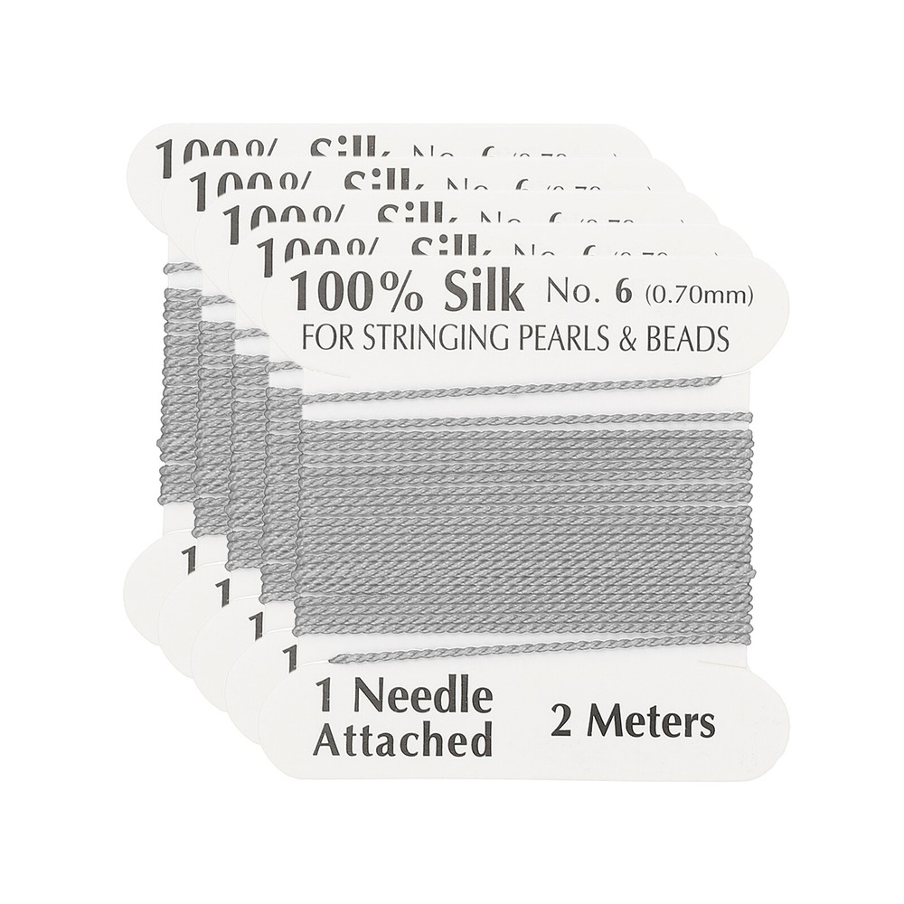 Silk Cord Thread, 5 Pcs Pure Silk Beading Thread Cord Size 0.7 mm, Light Grey