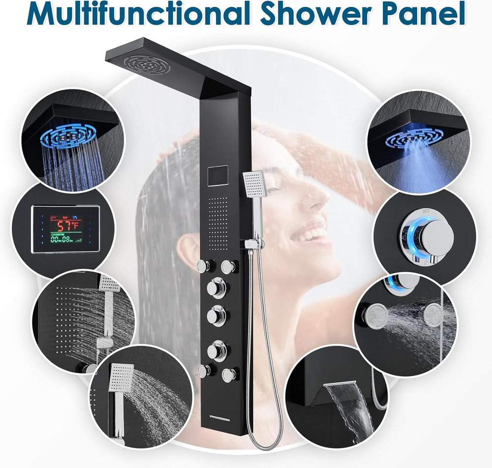 Led Shower Panel Tower System with Mist Rainfall Shower, Body Jets, Handheld and