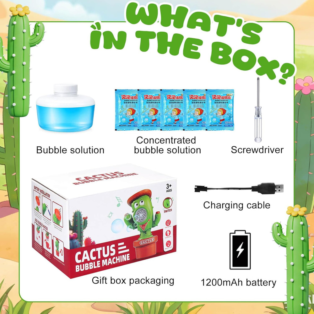 Cactus Bubble Machine for Toddlers, Swing Dance Handheld Rechargeable Bubble Blo