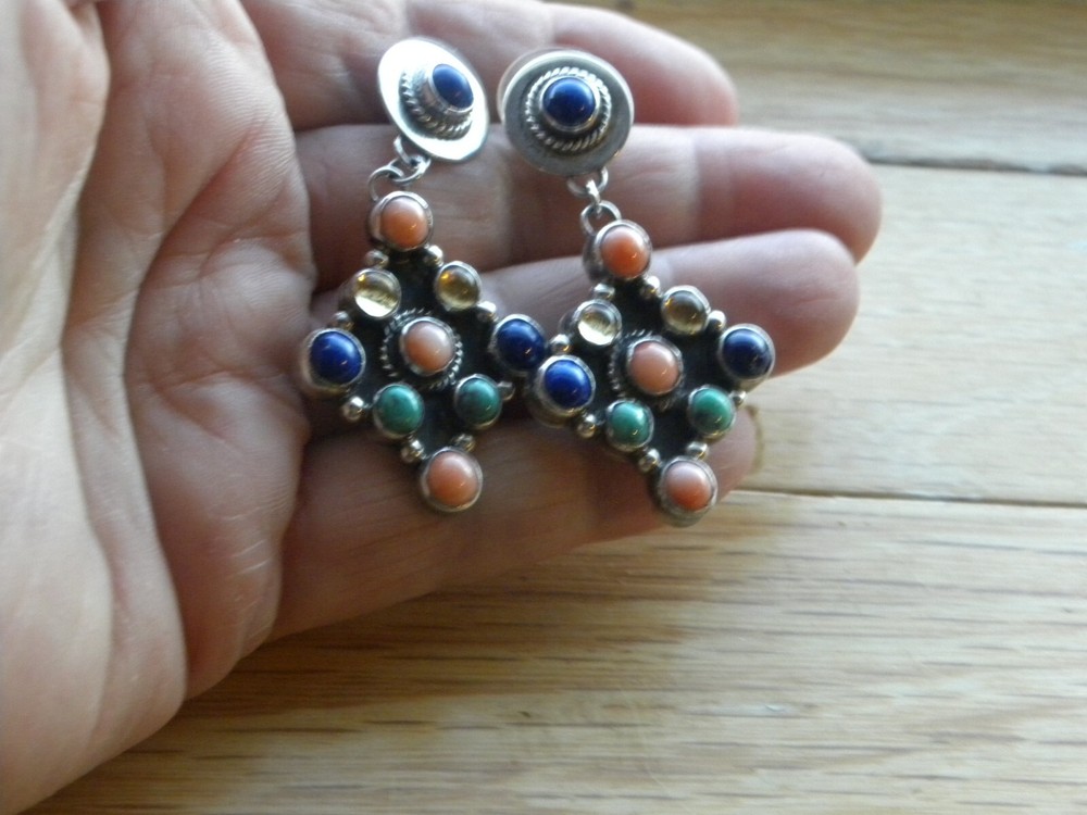 NAKAI GEMSTONE STERLING SILVER EARRINGS 2-1/4"