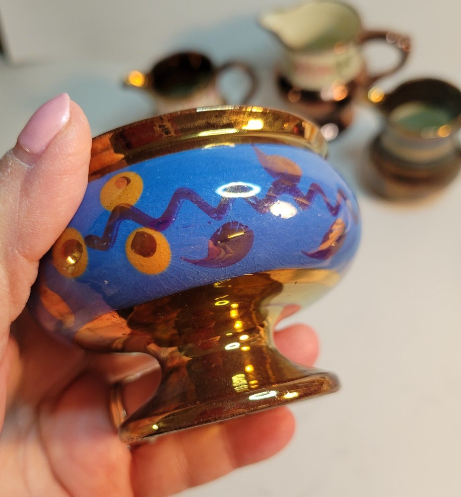 4 Pieces of Copper Lusterware 3 Small Pitchers & 1 Salt Cellar