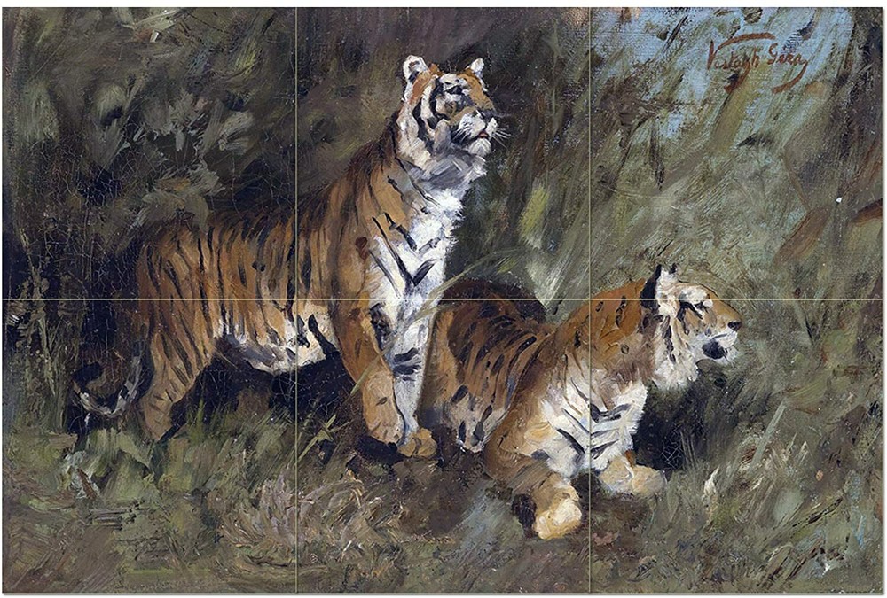 Tile Mural Animal Tigers Grass G. Vastagh Kitchen Wall Backsplash Marble Ceramic