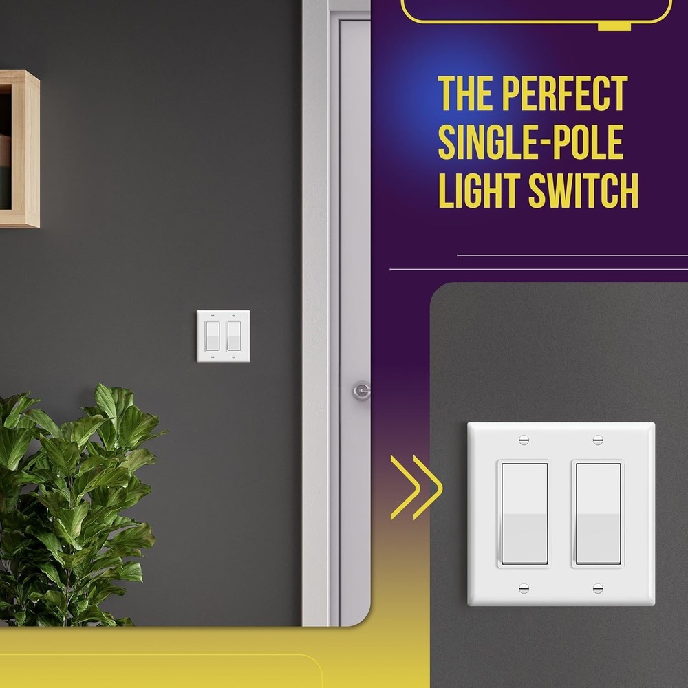 Decorator Paddle Rocker Light Switch, Gloss Finish, Single Pole, 3 Wire, Grou...