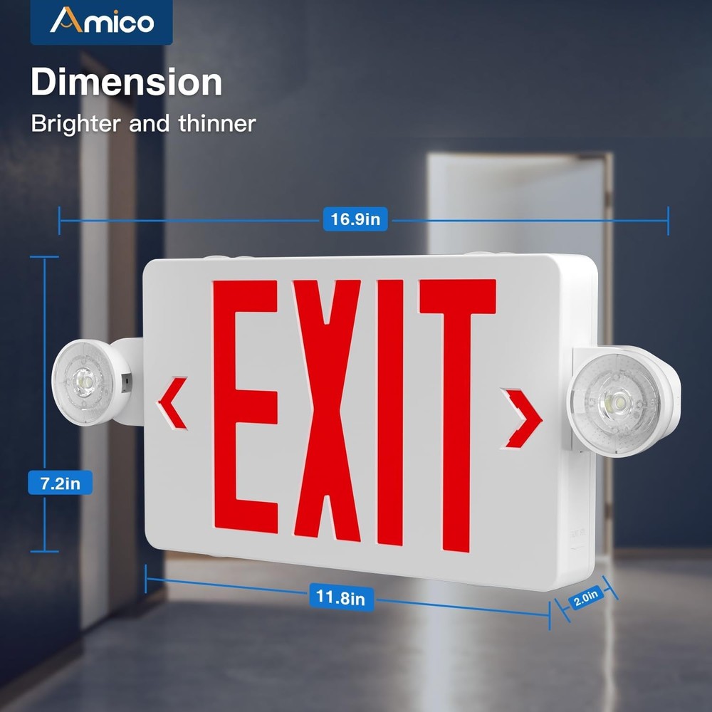 Amico Red LED Exit Sign With Emergency Exit Lights - Double Sided - New In Box