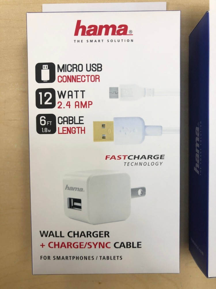 NEW OEM HAMA 2.4 Amp Wall Home Charger Cube & 6FT Micro USB Cable Combo