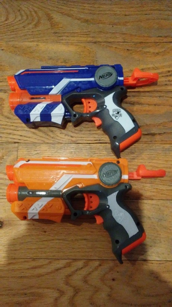 2 NERF Fire Strike Elite Blue Orange DART TAG GUN Lights 1 shot Pull Back 9"