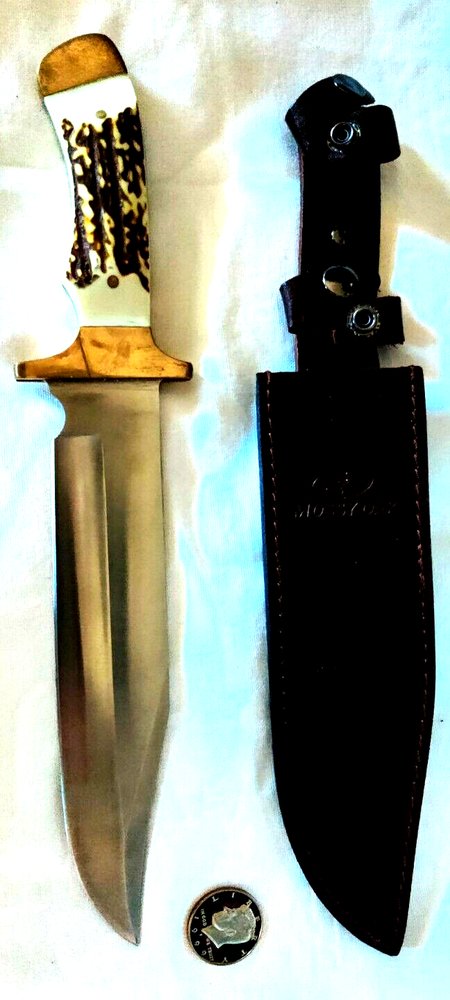 Lrg BOWIE KNIFE with Leather Sheath / 8.5 SHARP BLADE / 14" Full / Bone Handle