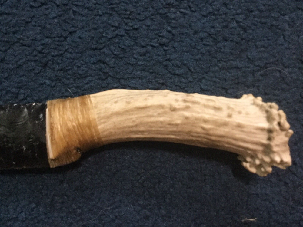 Primitive Obsidian Stone Bleached Antler Handle Knife