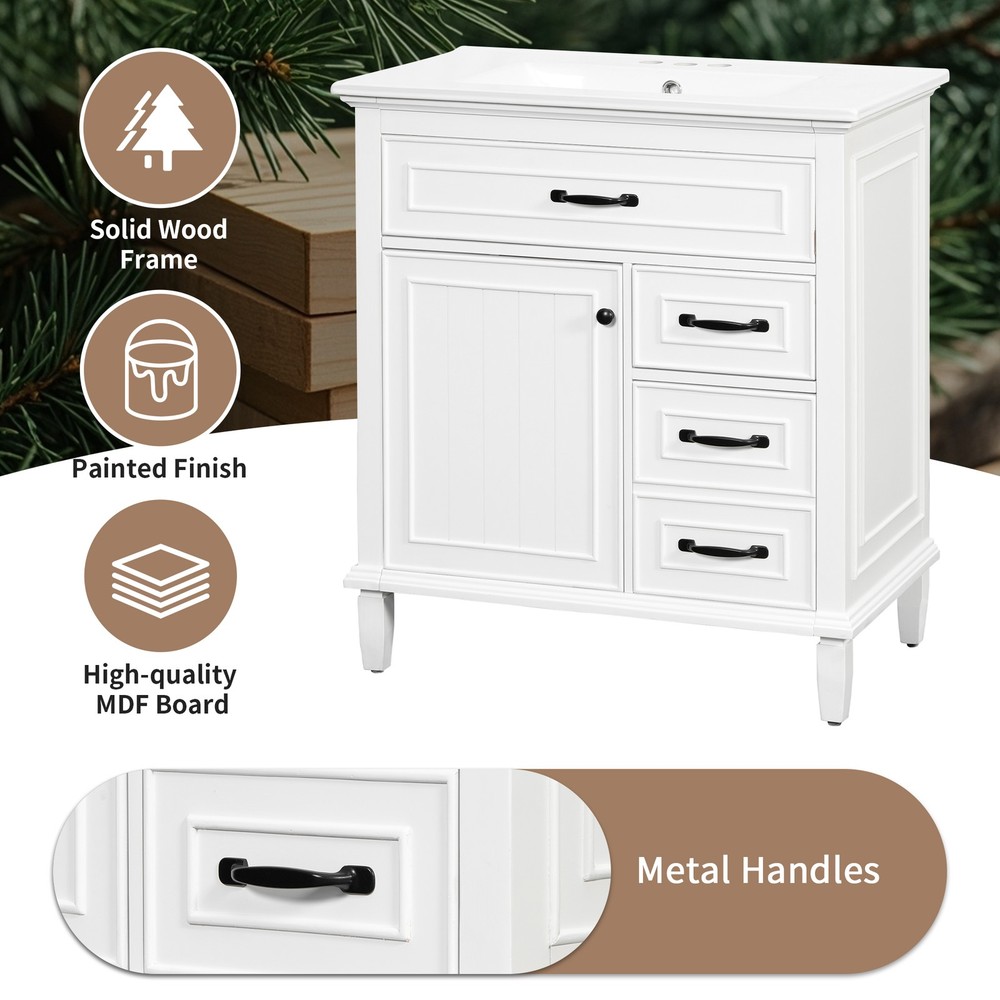 30" White Bathroom Vanity with Ceramic Sink and Solid Wood Cabinet