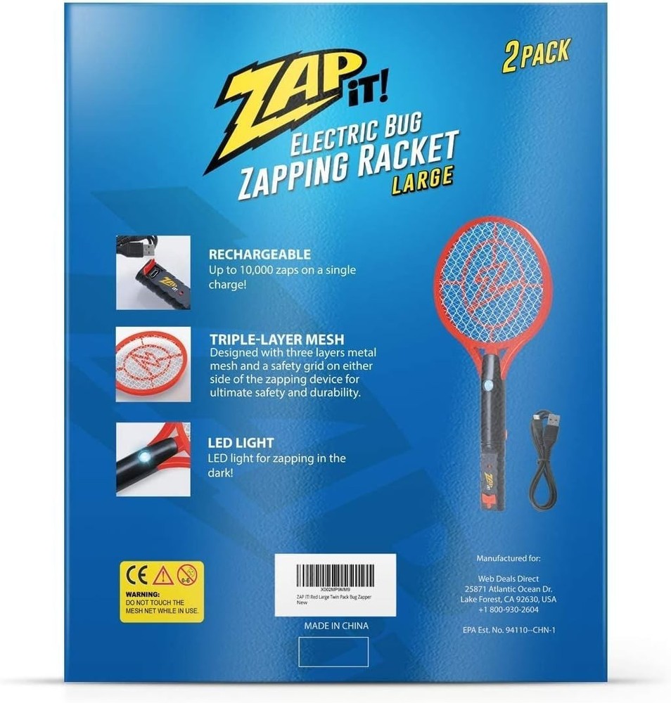 ZAP IT! Bug Zapper Rechargeable Bug Zapper Racket, 4,000 Volt, USB Charging