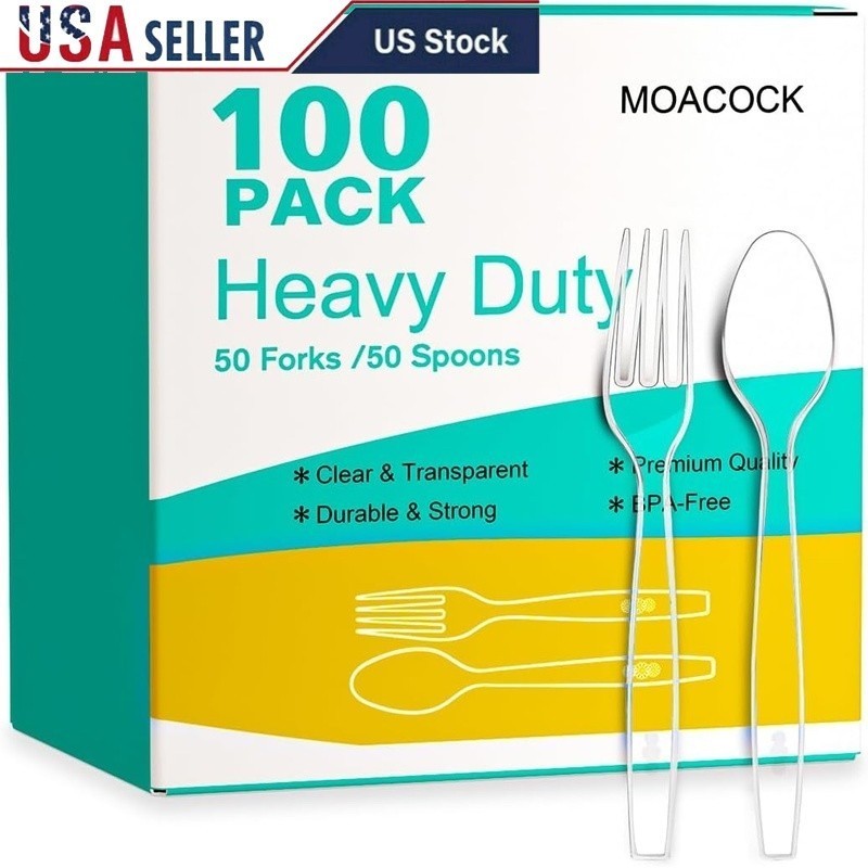 Durable Clear Plastic Silverware Set Disposable Forks Spoons Parties Events New