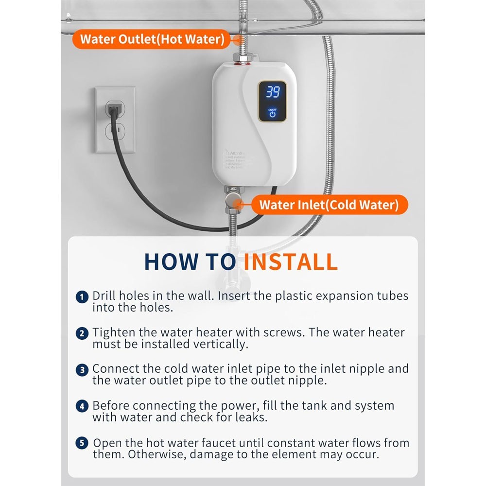 Calentador De Agua Electrico Instantaneo Sin Tanque 110V Para Cocina Casa 3000W