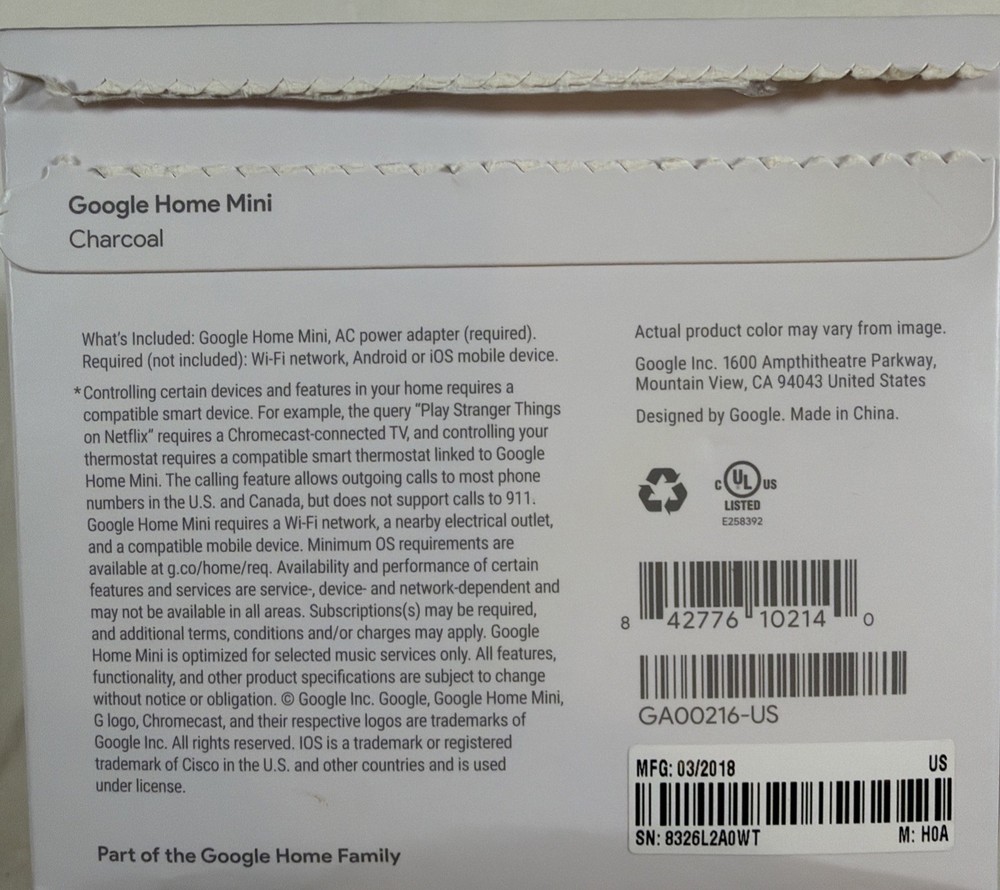Google Home Mini Smart Speaker Google Assistant HOA w/ Power Supply
