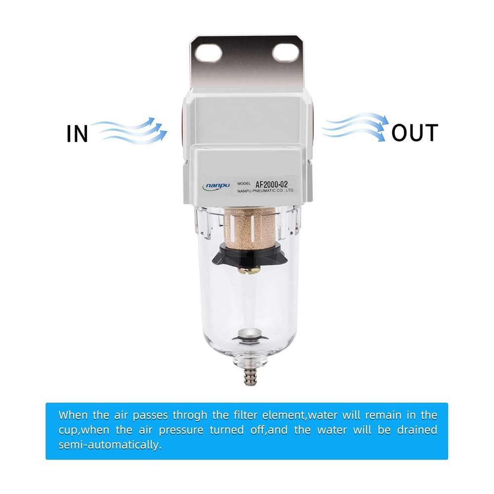 1/4" NPT Compressed Air Line Filter, 5 Micron Brass Element, Bracket, Poly Bo...