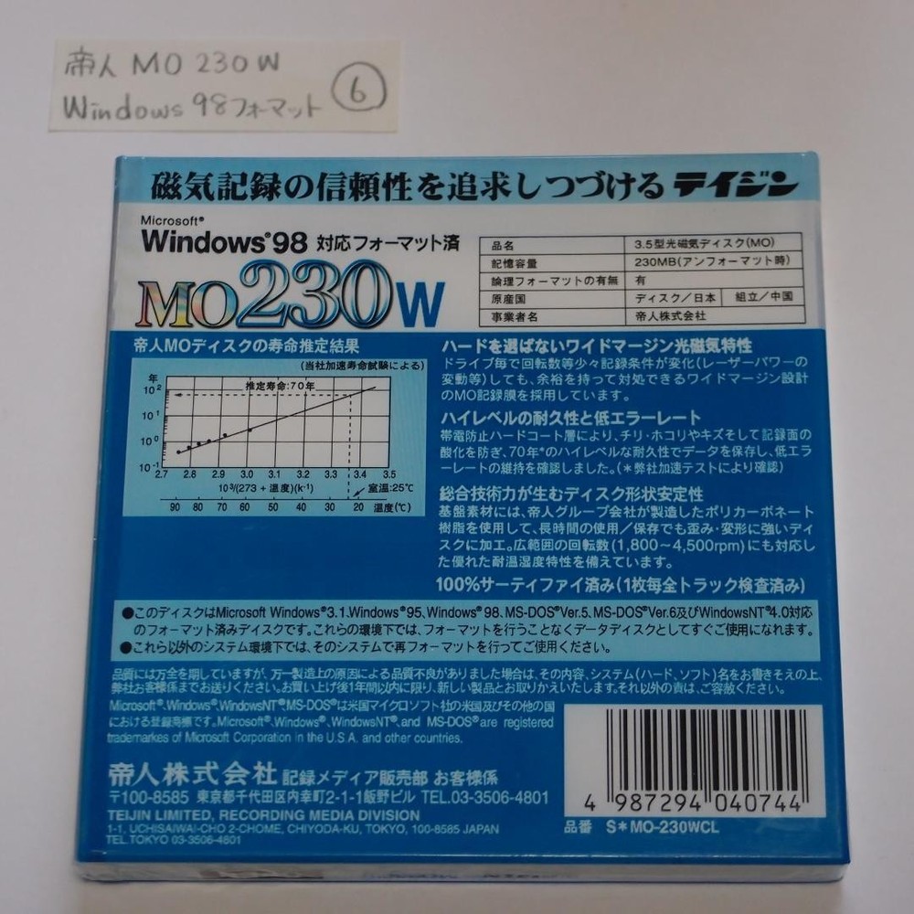 Teijin MO 230W 230MB Windows 98 Formatted Magneto Optical Disk Unopened