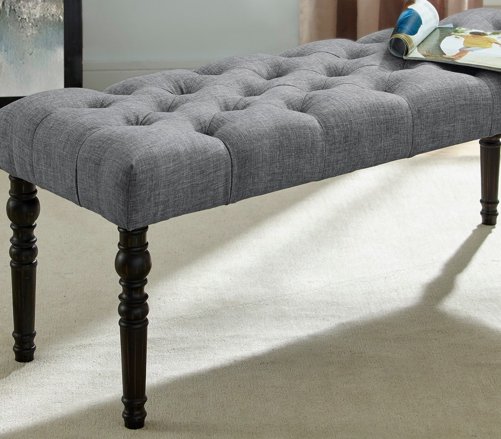 Leviton Fabric Tufted Turned Leg Dining Bench, Gray