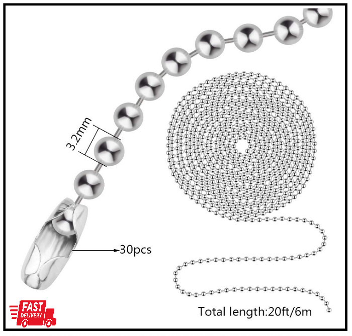 Beaded Pull Chain Extension with Connector, 20 Feet Beaded Roller Chain with 30