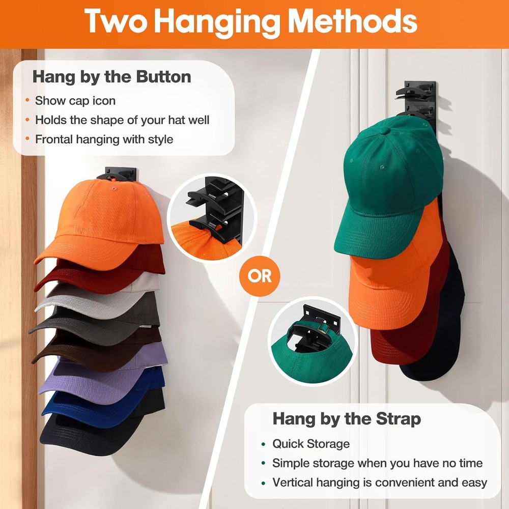 2 Pack Hat Organizer for Wall Adhesive Baseball Cap Rack Holds 16 Hats
