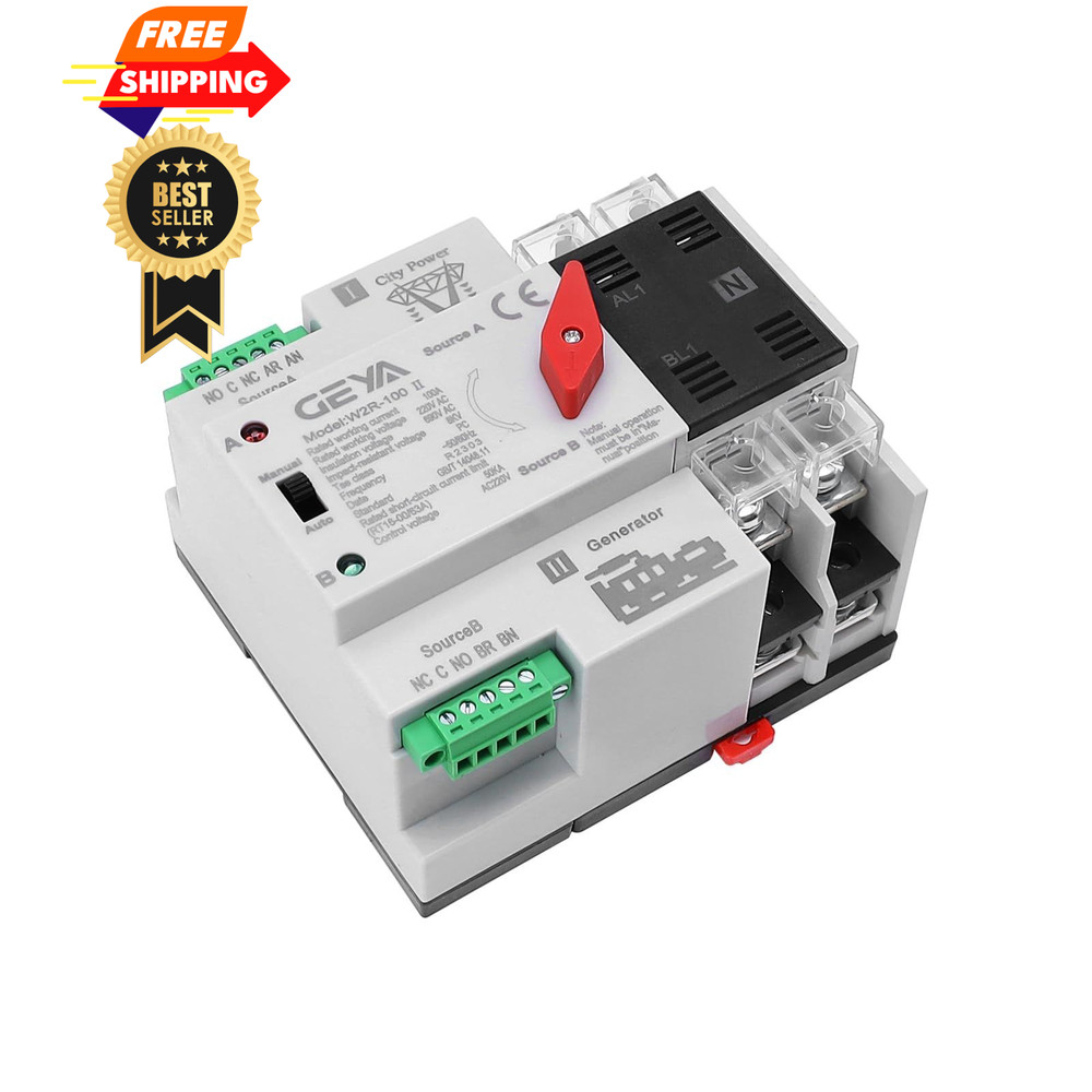 GAEYAELE Mini ATS Automatic Transfer Switch Dual Power 2P-100A-220V, Black