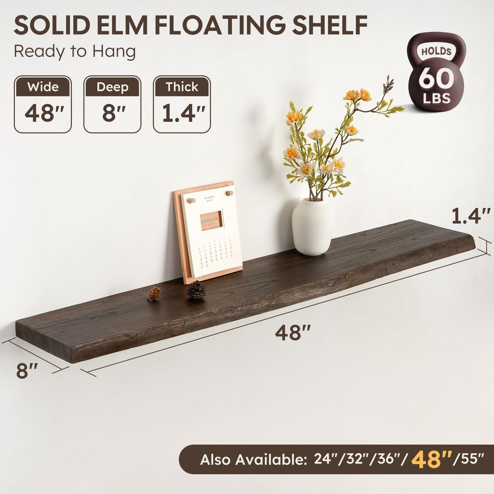 48" Rustic Elm Floating Shelves - Solid Wood Live Edge with Invisible Bracket...
