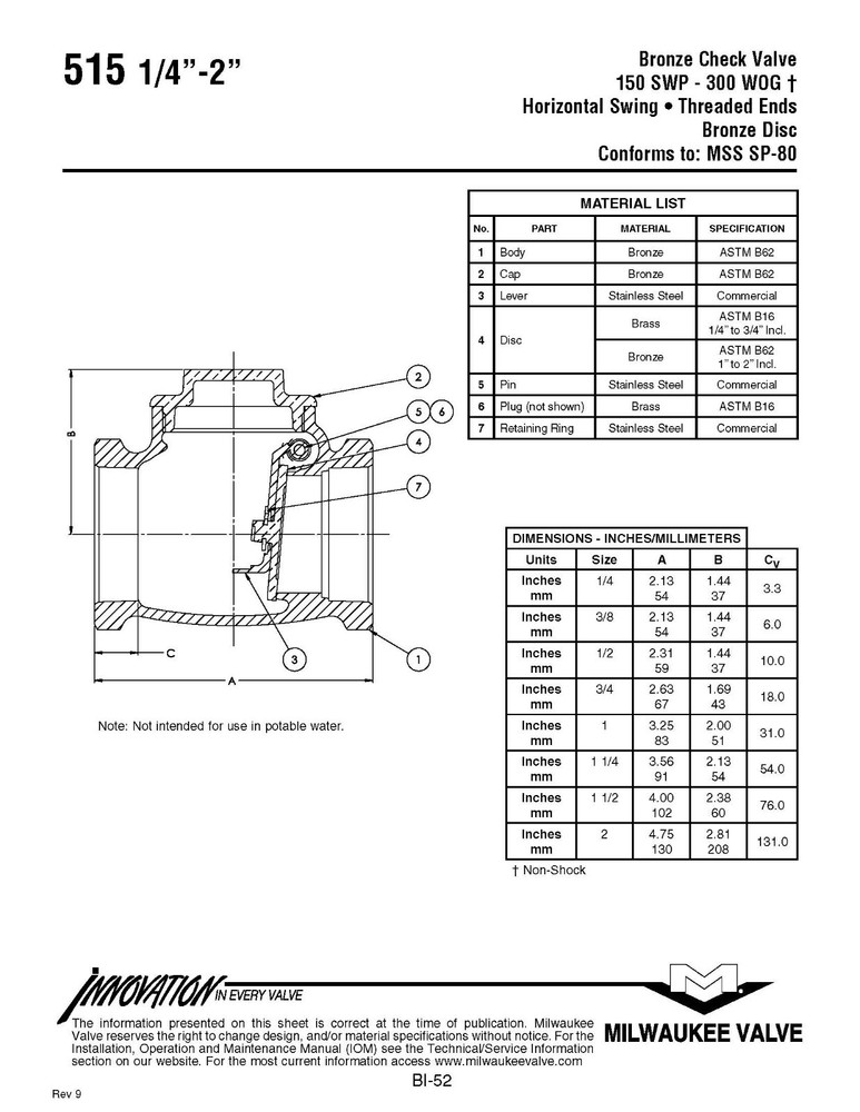 1/4" BRONZE 150 THREADED T-PATTERN SWING CHECK VALVE - MILWAUKEE FIG. 515
