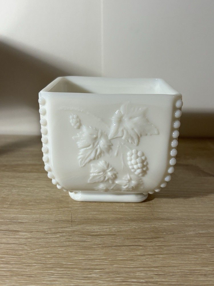 A Milk Glass Planter Embossed Grape And Leaf Pattern Square Shape Vintage