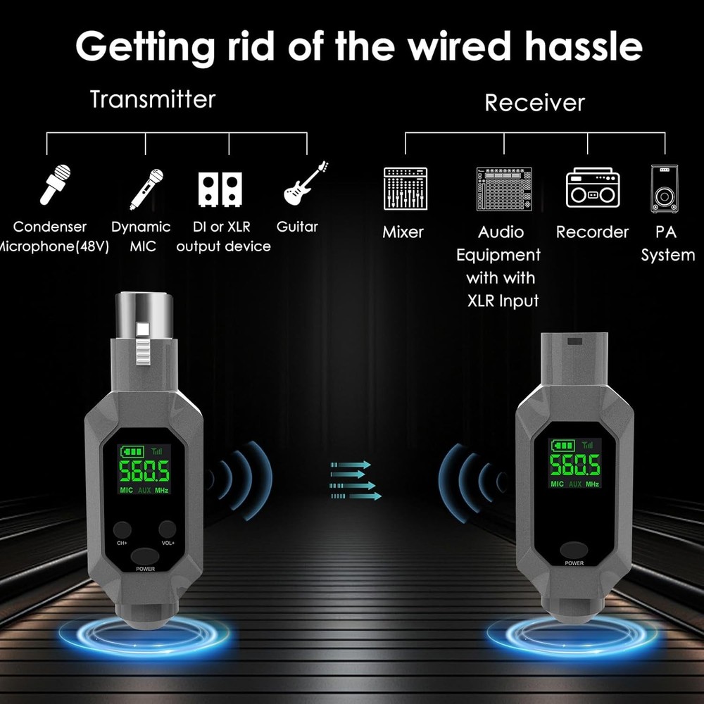 Wireless XLR Transmitter & Receiver: UHF Wireless Microphone System for 8-Hours