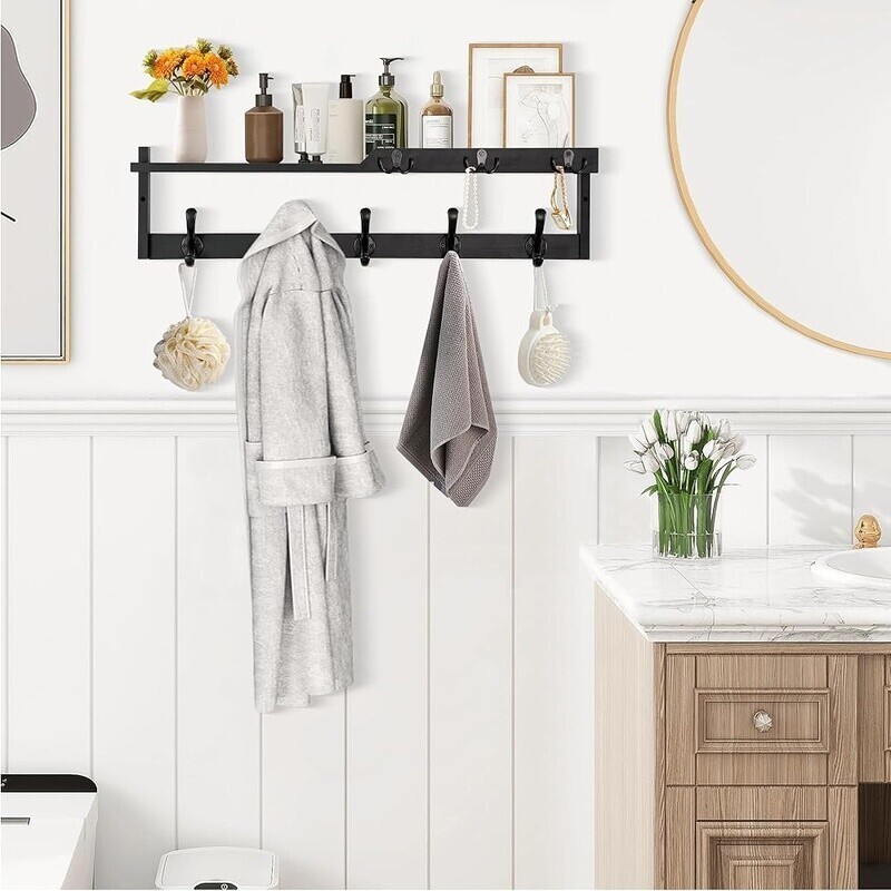 Wall Mounted Coat Rack W/ Shelf Key Hooks Mail Organizer Hat Rack Storage Black