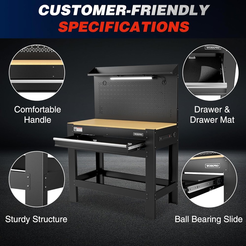 WORKPRO 45" Heavy-Duty Workbench with Pegboard Garage Workbench w/Storage 800LBS