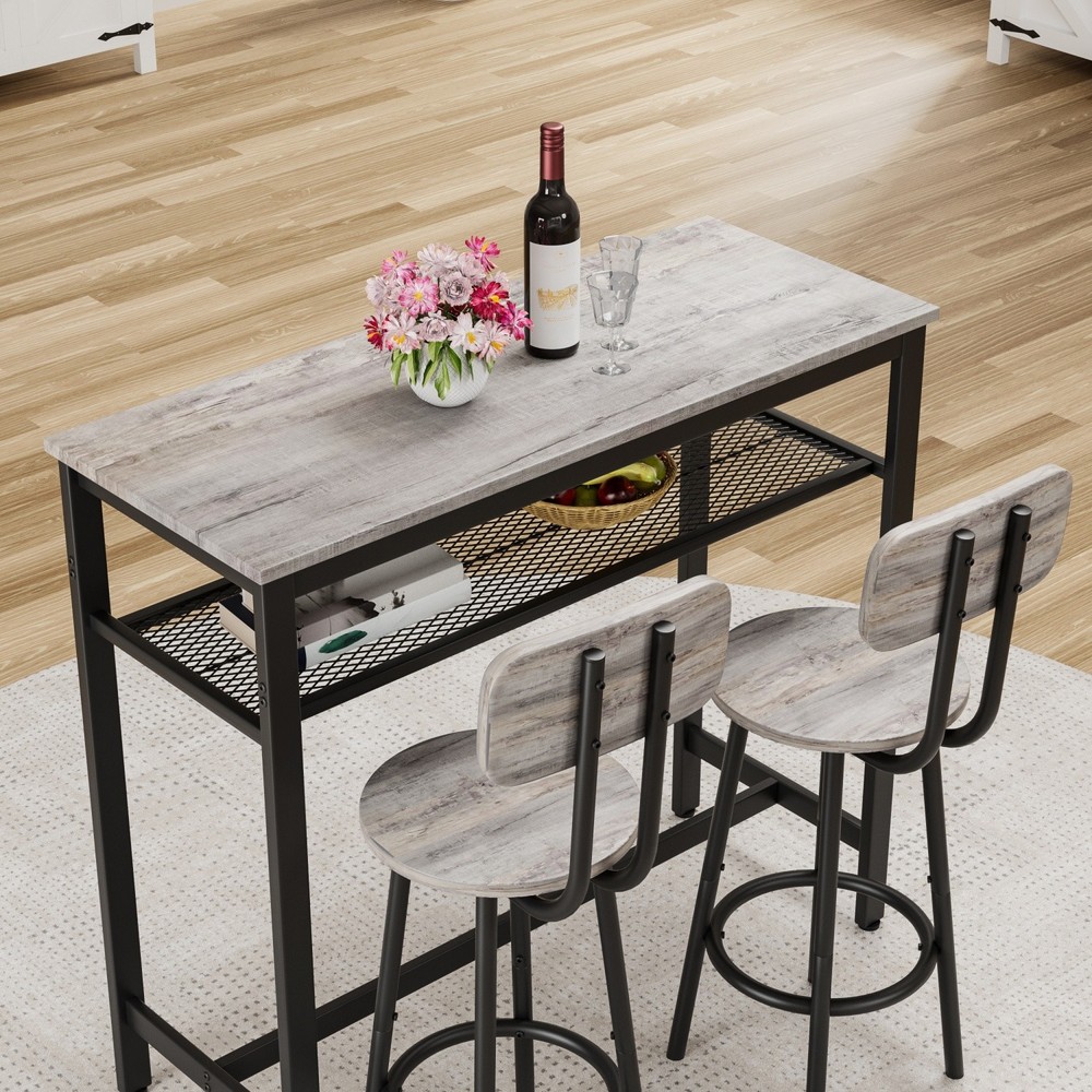 Modern 3 Piece Bar Table Set w/ 2 Bar Stools and Metal Frame & Storage Rack