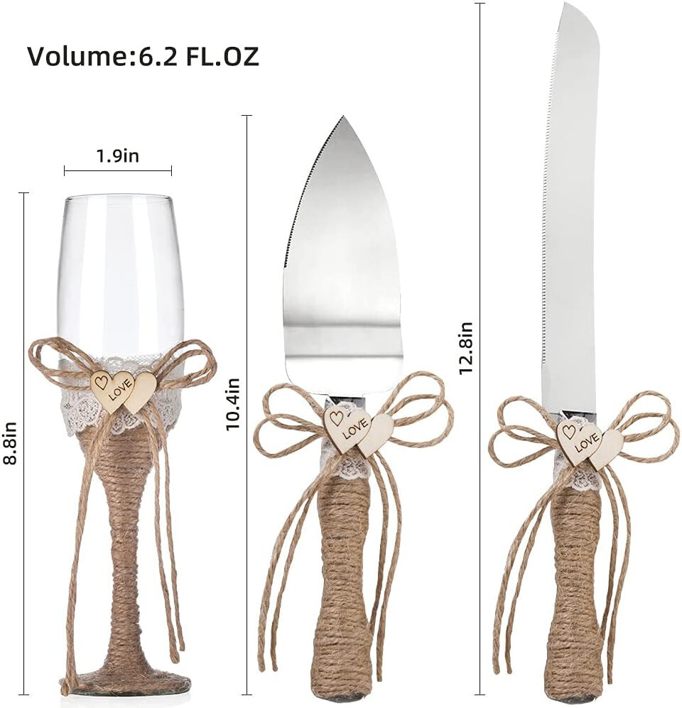 4 Pcs Set Rustic-Style Wedding Cake Knife and Server Set with Champagne Glasses