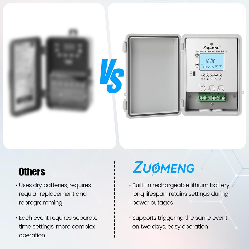 30A Astronomic Timer Switch, Weekly Scheduler, Waterproof, Rechargeable Battery