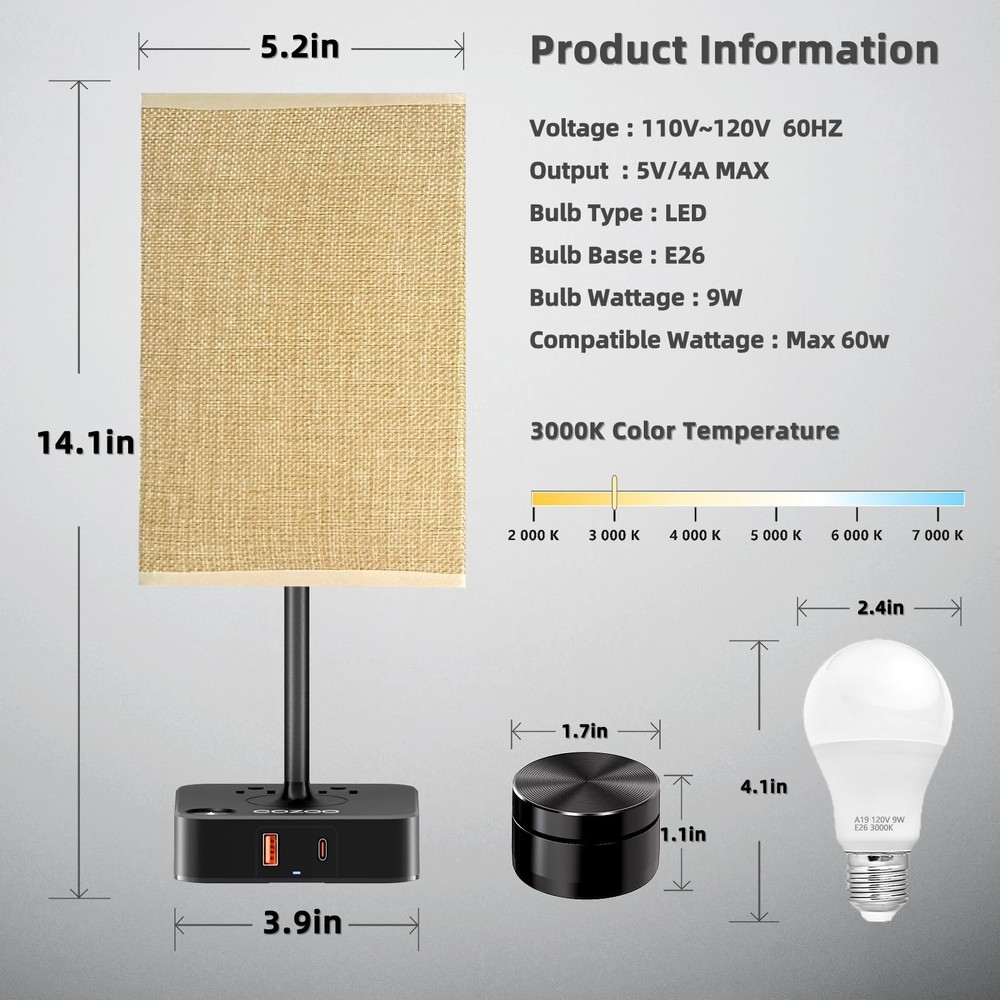 Bedside Lamp with Remote Control & Dimmable Light, 2 AC Outlets + USB-C/USB-A...
