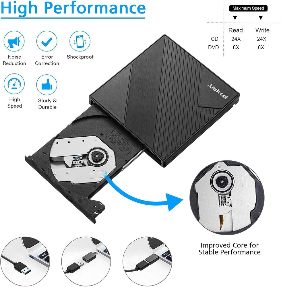 Amicool External DVD Drive USB 3.0 USB C CD Burner +/-RW Optical Drive, Slim
