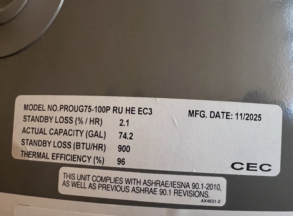 PROUG75-100P RU HE EC3 Ruud encore series LP gas (propane) 75 gallon