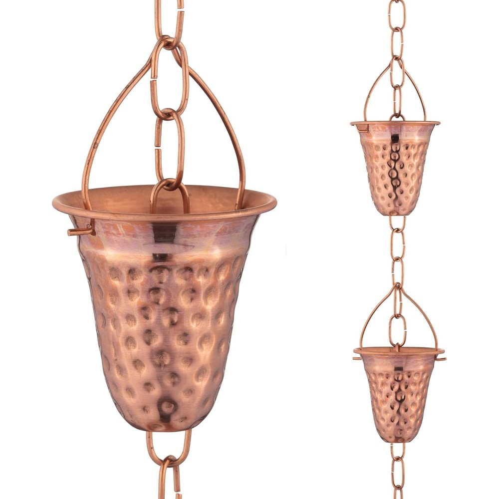 Copper Hammered Rain Chain Hollow Leaf Decorative Downspout Chimes Cups Gutter