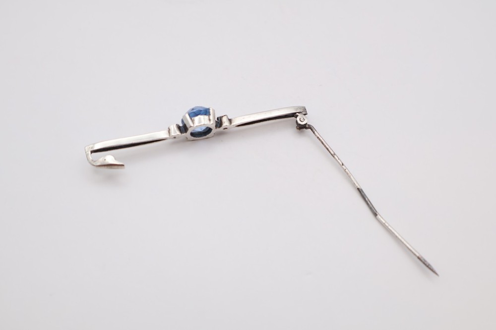 Vintage Silver Bar Brooch with Blue Stone