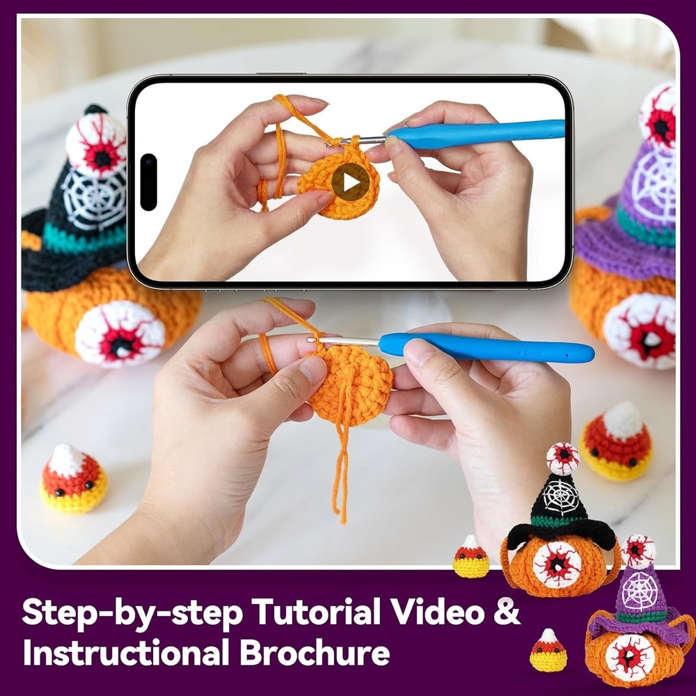 All-in-One Beginner Crochet Kit: Pumpkin Candy Bag with Video Tutorials - Per...