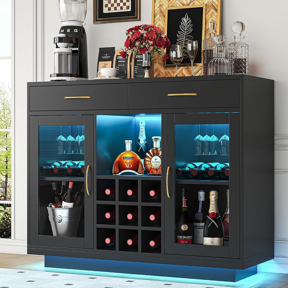 Black LED Wine Bar Cabinet Coffee Bar Storage