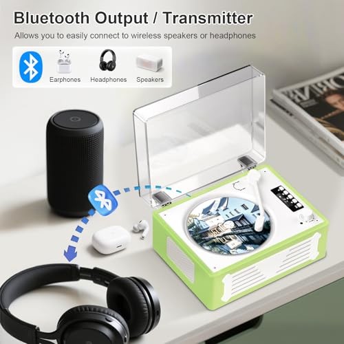 Retro CD Player with Bluetooth Transmitter Receiver, HiFi Stereo Green