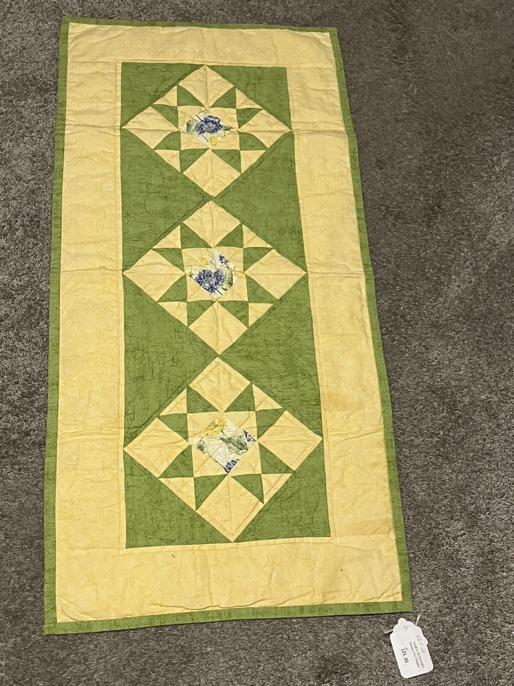 Handmade Reversible Quilted Table Runner 42x20 Green & Yellow