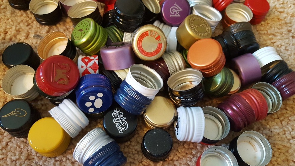 100 Used Recycled Wine Screw Caps with Various Designs Some Solid Colored