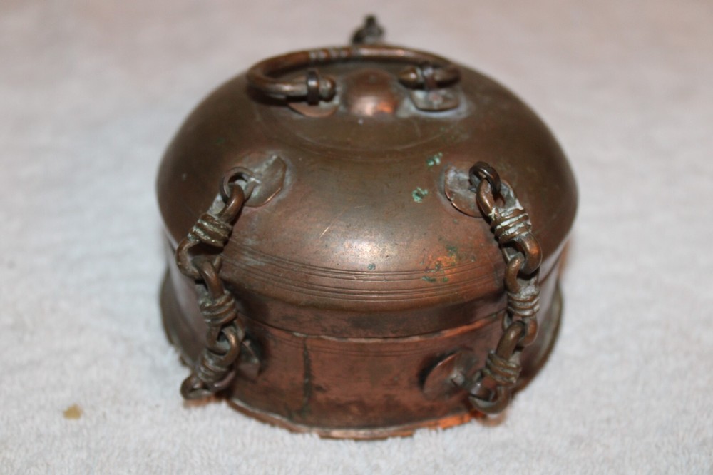 Antique Islamic Valuables Copper Chained Lidded Box