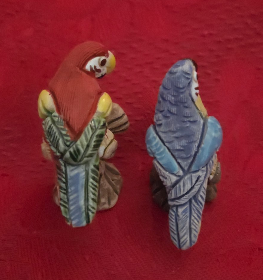 2 Cute Hand-Crafted Parrot Figurines Signed Impressed URPI