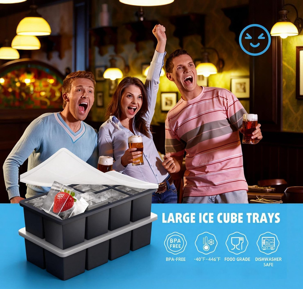 2-Pack Large Ice Cube Trays for Whiskey, Stackable & Easy-Release Silicone Squar