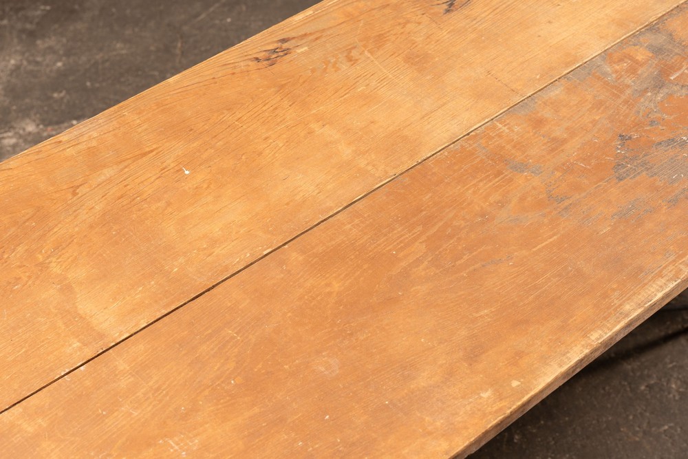 Early Industrial Oak Plank Table with Cast Iron Machine Base