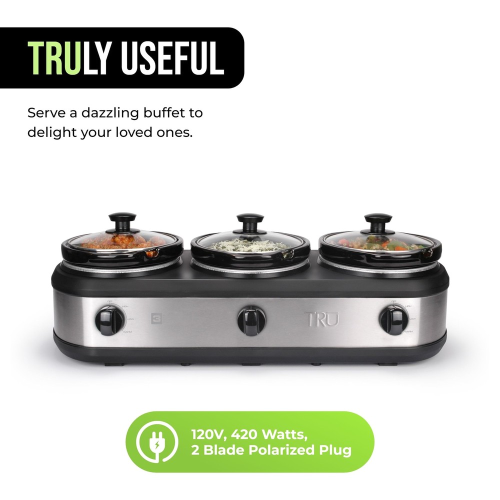 TRU Triple Buffet Server - Three 2.5 Quart Removable Crock Inserts - Slow Cooker