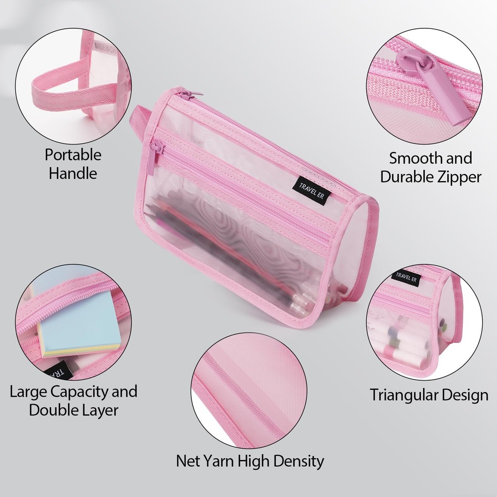 2-Pack Grid Mesh Pencil Case with Handle and Zipper, Double Layer Clear Pencil