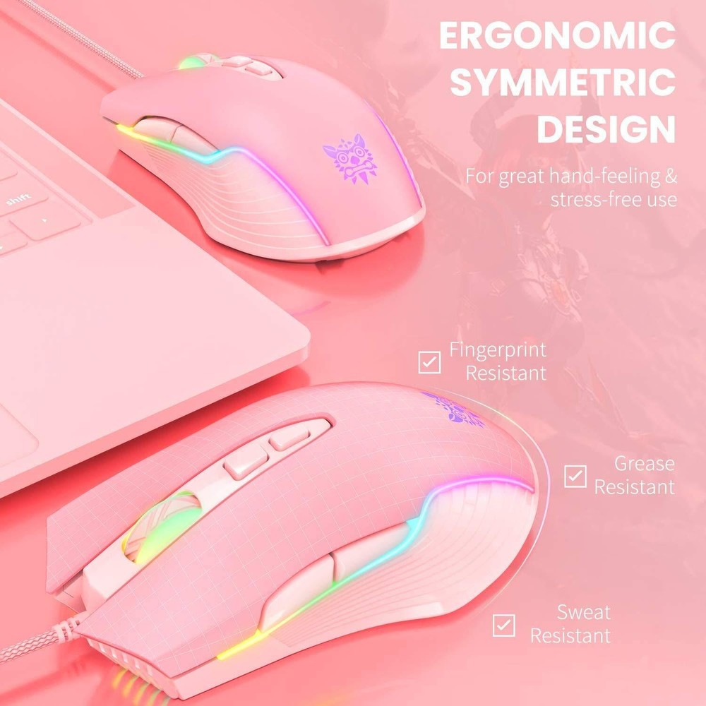 RGB Gaming Mouse Wired 6400 DPI 7 Programmable Buttons Pink Ergonomic