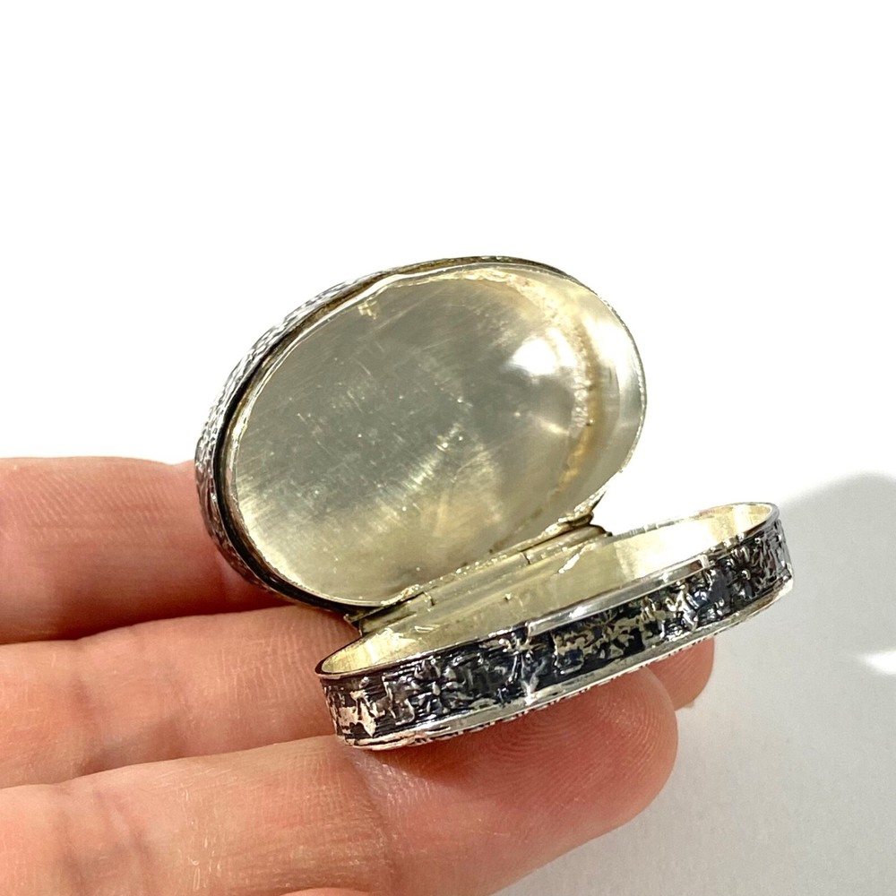 Antique Solid Silver Italian Pillbox , Hallmarked with romantic scene